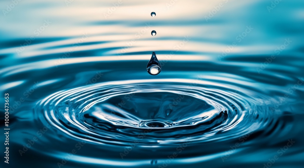 Water droplet creating ripples in a blue water background, high-resolution, cinematic lighting, hyper-realistic details. Water droplet creating ripples in a blue water background, high-resolution, cinematic lighting, hyper-realistic details.