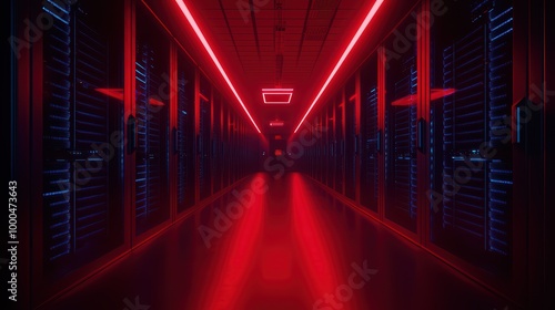 Futuristic server room with red and blue neon lights illuminating the corridor.