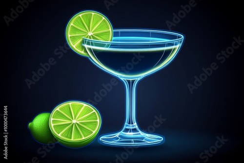 Neon lit margarita cocktail with lime garnish glowing against a dark background creating a bright tropical and refreshing vibe