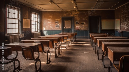 Deserted Schoolroom with Rows of Empty Desks