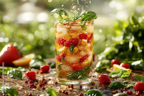 Herb and fruit infused cocktail served in a tall glass with ice mint and berries set in a garden surrounded by greenery conveying a fresh natural and organic feel photo