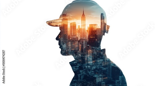 Silhouette of a person with a cityscape overlay against a white background. Engineer and Double exposure.