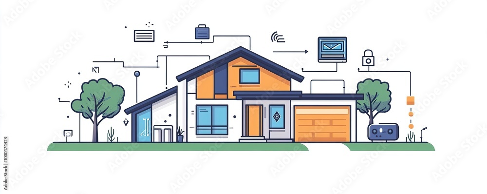 A modern home illustration showcasing smart technology integration for a connected living experience. A modern home illustration showcasing smart technology integration for a connected living experience.