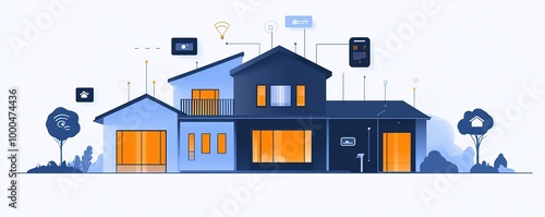 Stylish modern home with smart technology features and a vibrant exterior, showcasing digital connectivity and innovation.