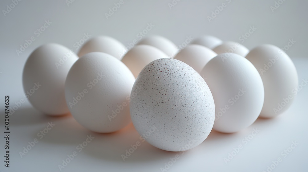 A simple yet elegant composition featuring fresh eggs on a pristine white background. The clean design highlights the natural textures and shapes of the eggs, creating a minimalist aesthetic A simple yet elegant composition featuring fresh eggs on a pristine white background. The clean design highlights the natural textures and shapes of the eggs, creating a minimalist aesthetic