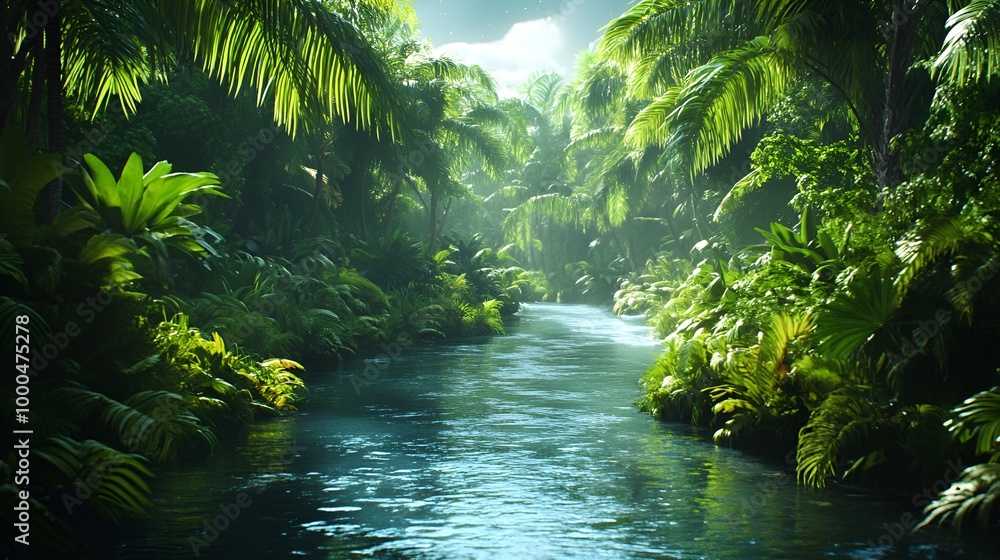 Images of a river in the rainforest surrounded by thick jungle plants Images of a river in the rainforest surrounded by thick jungle plants
