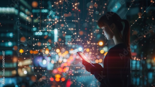 A young woman interacts with her smartphone, enveloped by a glowing web of digital connections. The vibrant city lights in the background emphasize the themes of connectivity, digital technology, and