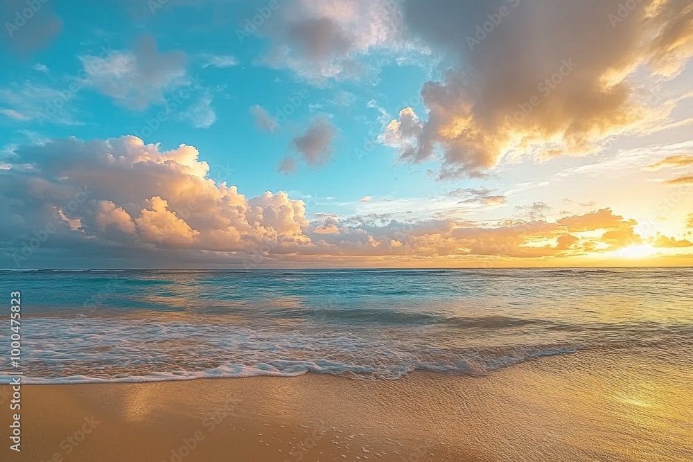 Serene beach at sunset with pastel clouds and gentle waves on golden sand, capturing tranquil atmosphere in high-resolution detail. Serene beach at sunset with pastel clouds and gentle waves on golden sand, capturing tranquil atmosphere in high-resolution detail.