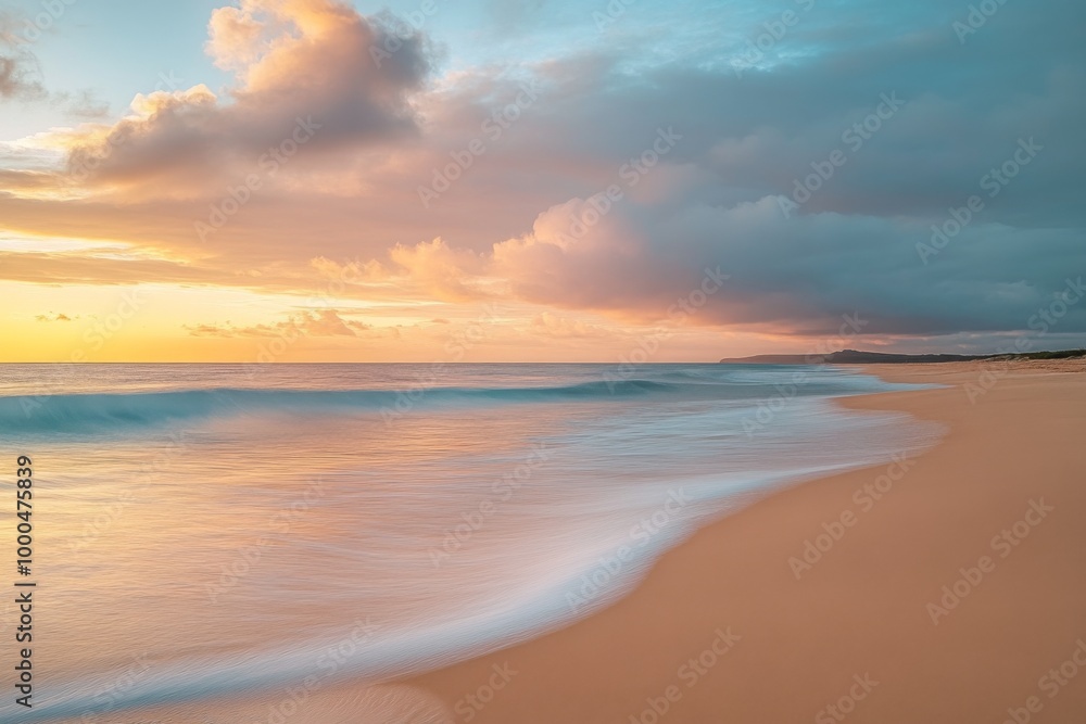 Serene beach at sunset with pastel clouds and gentle waves on golden sand, capturing tranquil atmosphere in high-resolution detail. Serene beach at sunset with pastel clouds and gentle waves on golden sand, capturing tranquil atmosphere in high-resolution detail.