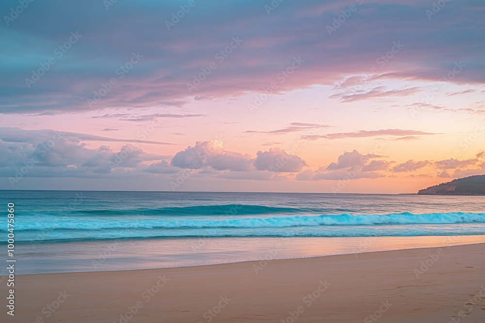 Serene beach at sunset with pastel clouds and gentle waves on golden sand, capturing tranquil atmosphere in high-resolution detail. Serene beach at sunset with pastel clouds and gentle waves on golden sand, capturing tranquil atmosphere in high-resolution detail.