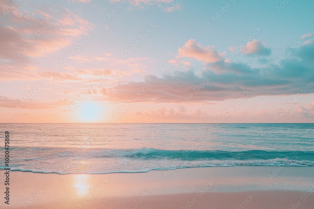 Serene beach at sunset with pastel clouds and gentle waves on golden sand, capturing tranquil atmosphere in high-resolution detail. Serene beach at sunset with pastel clouds and gentle waves on golden sand, capturing tranquil atmosphere in high-resolution detail.