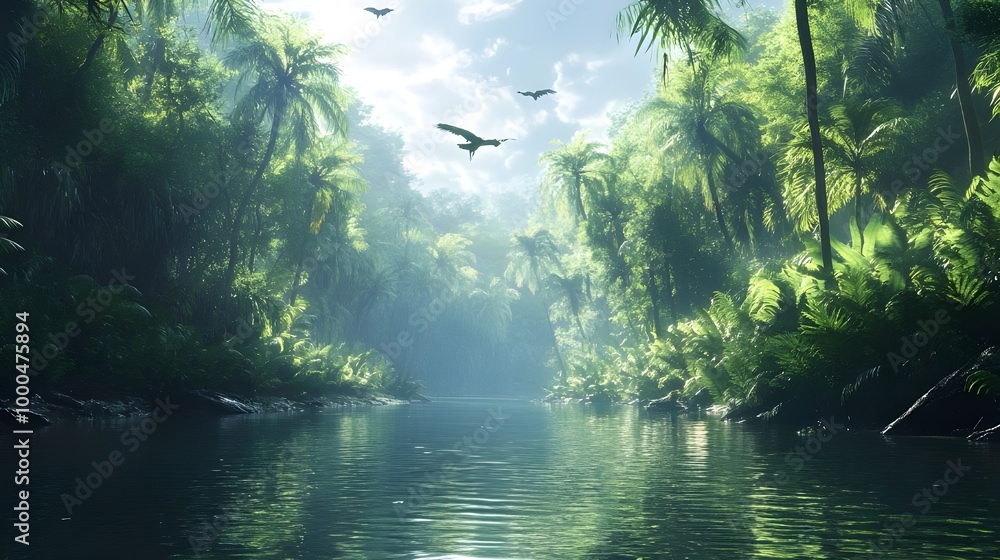 Fototapeta premium Rainforest river winding through a lush thick jungle in captivating images