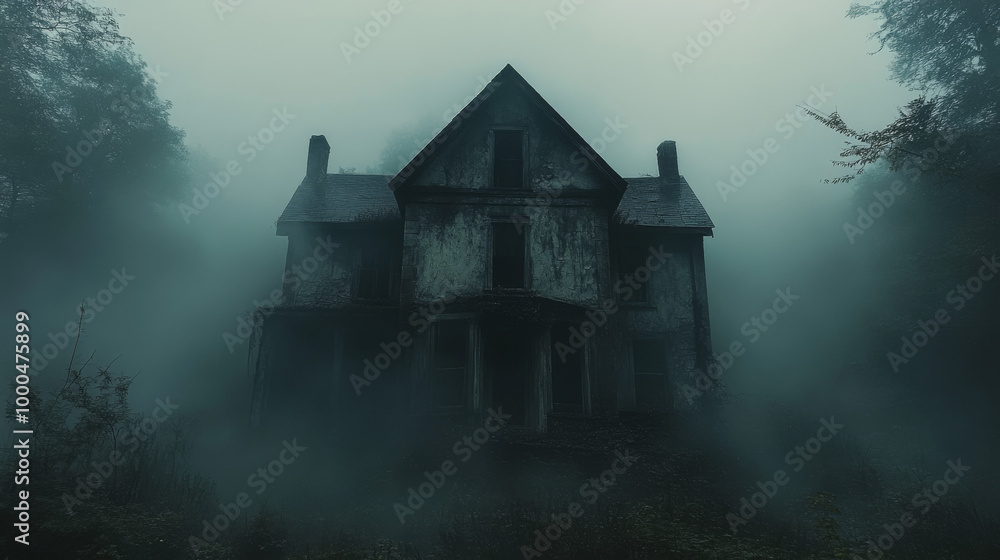 An abandoned house shrouded in fog, a spooky sight. An abandoned house shrouded in fog, a spooky sight.