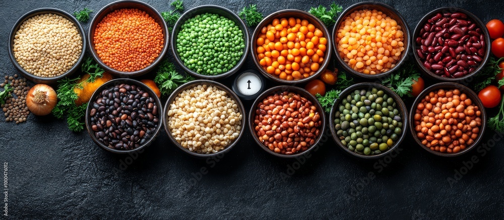 A variety of legumes, grains, and vegetables arranged in bowls on a dark surface. A variety of legumes, grains, and vegetables arranged in bowls on a dark surface.