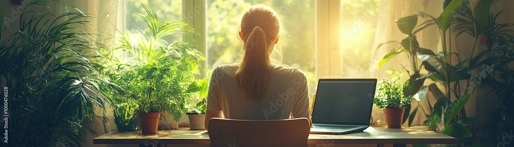 A serene workspace filled with plants, showcasing a person enjoying sunlight and nature while using a laptop at home. A serene workspace filled with plants, showcasing a person enjoying sunlight and nature while using a laptop at home.