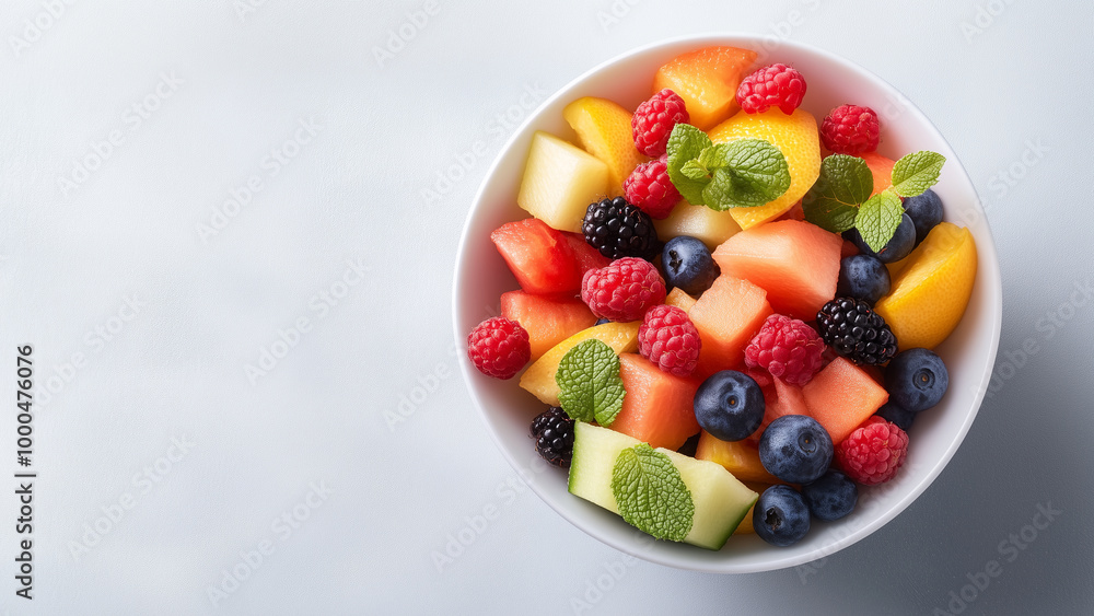 Fresh fruit salad featuring vibrant mix of berries, melons, and mint leaves, creating colorful and healthy dish. Perfect for refreshing snack or dessert. Fresh fruit salad featuring vibrant mix of berries, melons, and mint leaves, creating colorful and healthy dish. Perfect for refreshing snack or dessert.