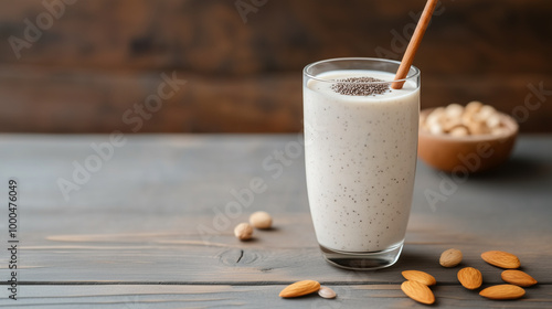 Creamy almond milkshake in glass with straw, surrounded by almonds and bowl of nuts. This refreshing drink is perfect for healthy snack or dessert.