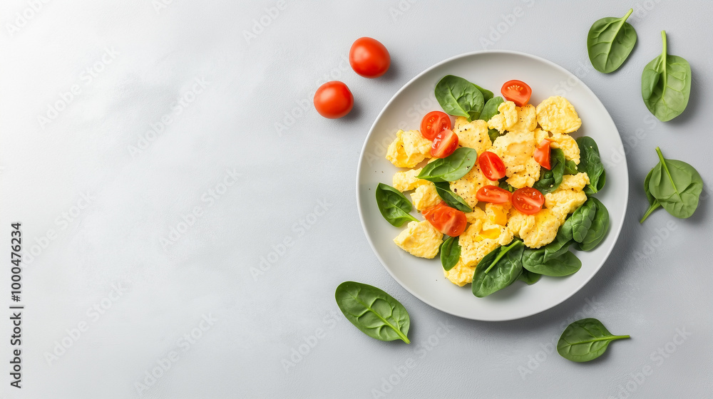 Delicious scrambled eggs with fresh spinach and cherry tomatoes create vibrant and healthy breakfast option. Delicious scrambled eggs with fresh spinach and cherry tomatoes create vibrant and healthy breakfast option.