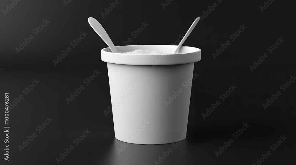 Minimalist White Food Container with Spoon on Black Background Minimalist White Food Container with Spoon on Black Background