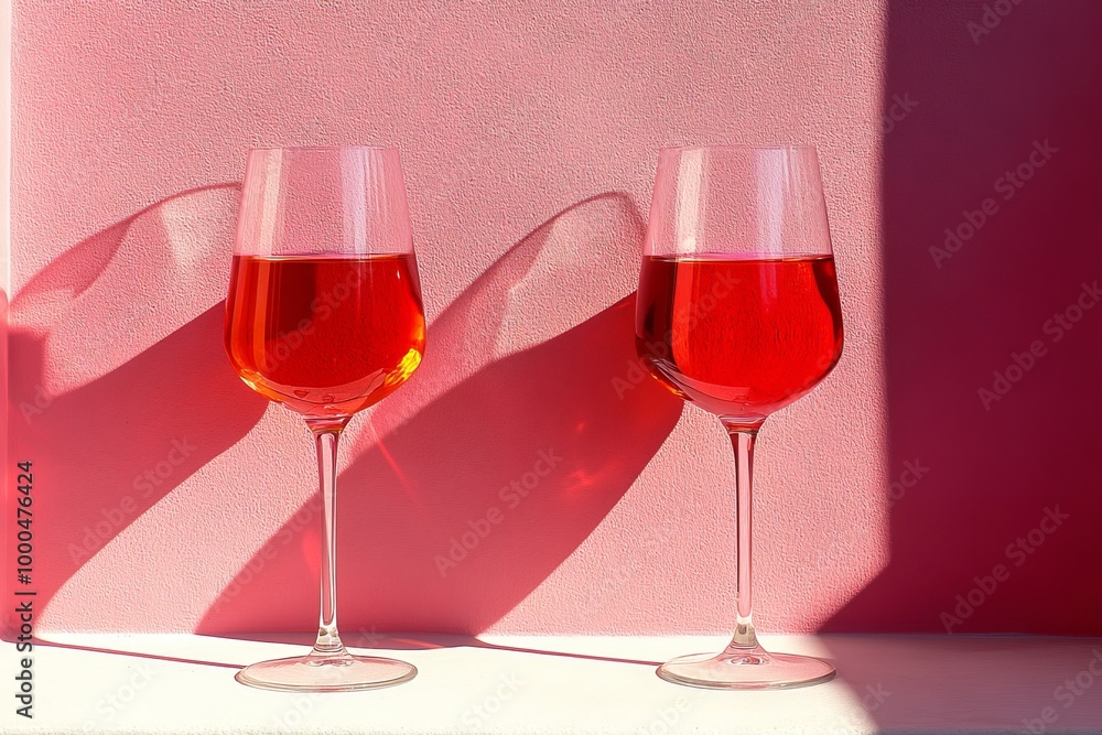 Two wine glasses filled with rosé set on a pink table with soft shadows capturing a minimalist and sophisticated summer aesthetic Two wine glasses filled with rosé set on a pink table with soft shadows capturing a minimalist and sophisticated summer aesthetic