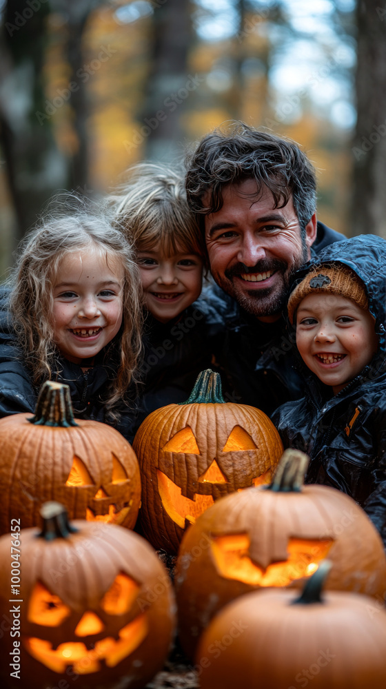 A father and his three children pose with jack-o-lanterns. A father and his three children pose with jack-o-lanterns.
