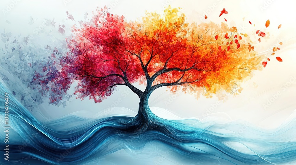 Vibrant abstract tree symbolizing change with colorful autumn leaves against a flowing background of cool blue tones. Vibrant abstract tree symbolizing change with colorful autumn leaves against a flowing background of cool blue tones.