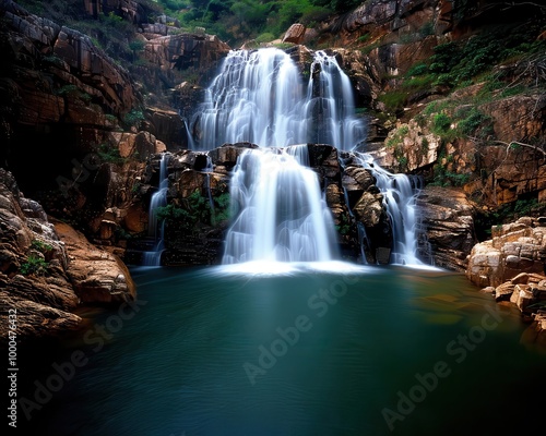 Grand waterfall cascading into a pool, powerful and serene, Nature, Cool tones, Photograph, Natural wonder