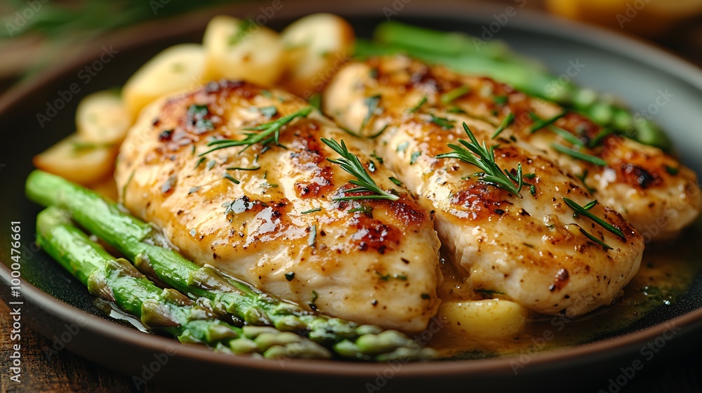 Close-up of grilled chicken breast with asparagus and roasted potatoes on a black plate. Close-up of grilled chicken breast with asparagus and roasted potatoes on a black plate.