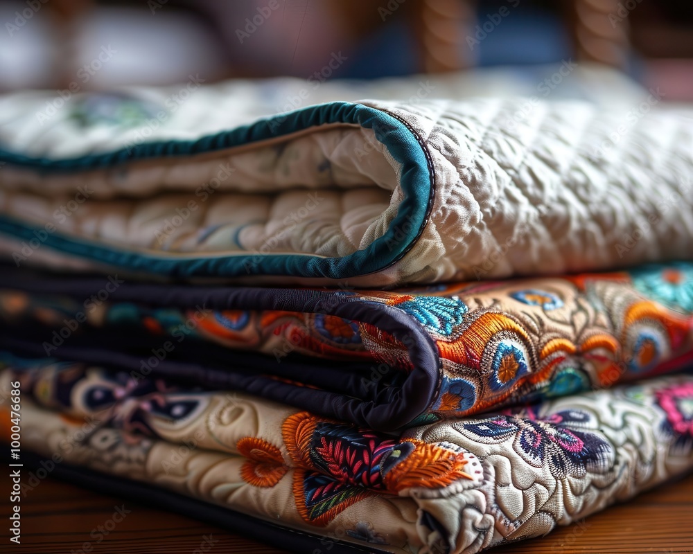 Fototapeta premium Handstitched quilts with intricate patterns, cozy and artistic, Artisan, Soft hues, Photograph, Handmade elegance