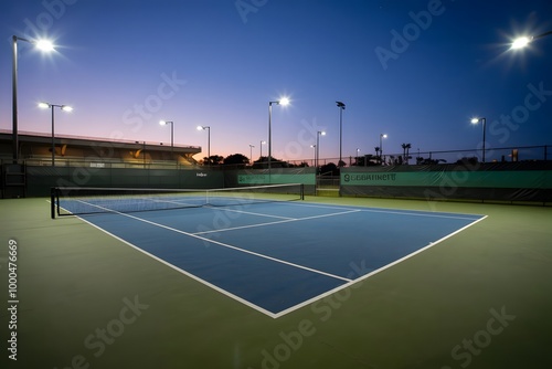 A photo of an empty tennis court with a blue surface and net under evening lights, located on an outdoor playground field. 