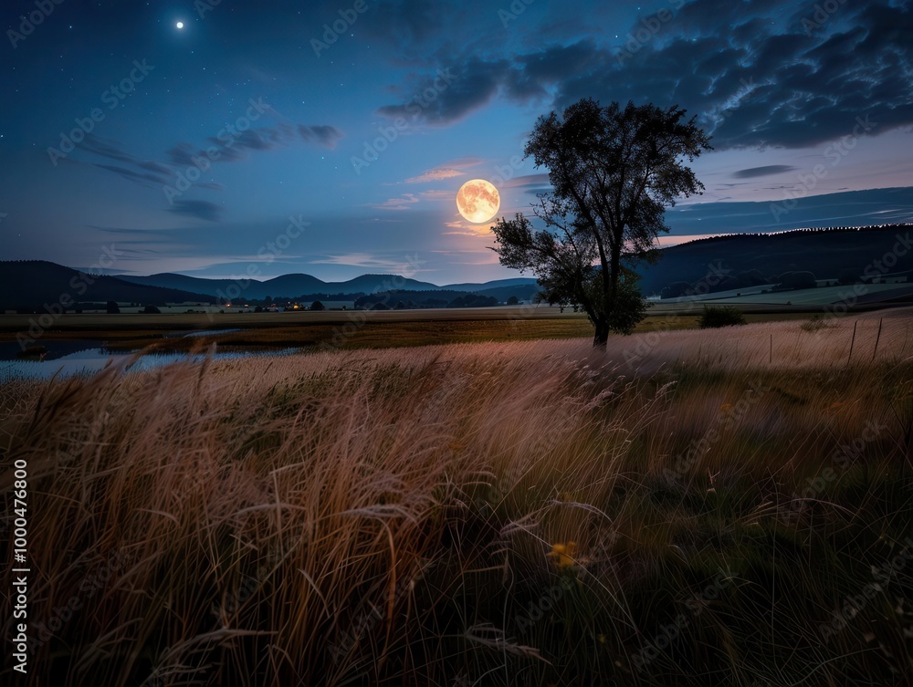 Obraz premium Harvest moon over a serene landscape, expansive and celestial, Nature, Cool tones, Photograph, Night sky beauty
