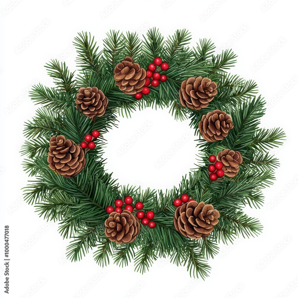 Fototapeta premium Pinecone and berry wreath on a white isolated background.