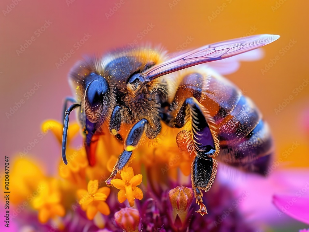 Honeybee on a flower, dynamic and natural, Nature, Bright hues, Photograph, Pollination detail Honeybee on a flower, dynamic and natural, Nature, Bright hues, Photograph, Pollination detail