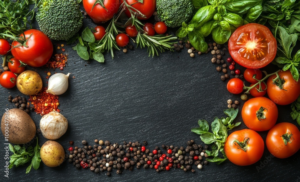 Assorted fresh vegetables and spices arranged on a black slate background. Assorted fresh vegetables and spices arranged on a black slate background.
