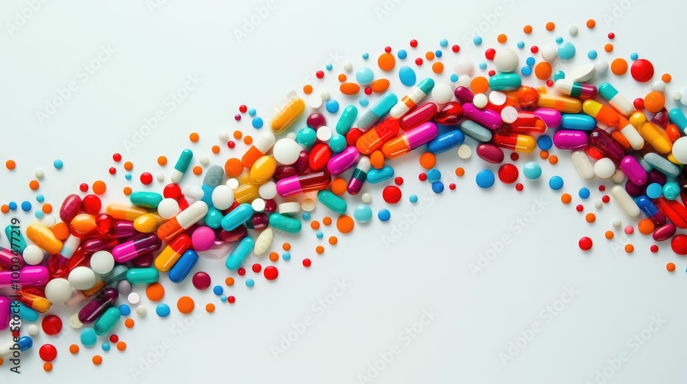 Swirling vibrant pills form a stunning abstract pattern on a white background, capturing the energy of modern medicine in a creative display Swirling vibrant pills form a stunning abstract pattern on a white background, capturing the energy of modern medicine in a creative display