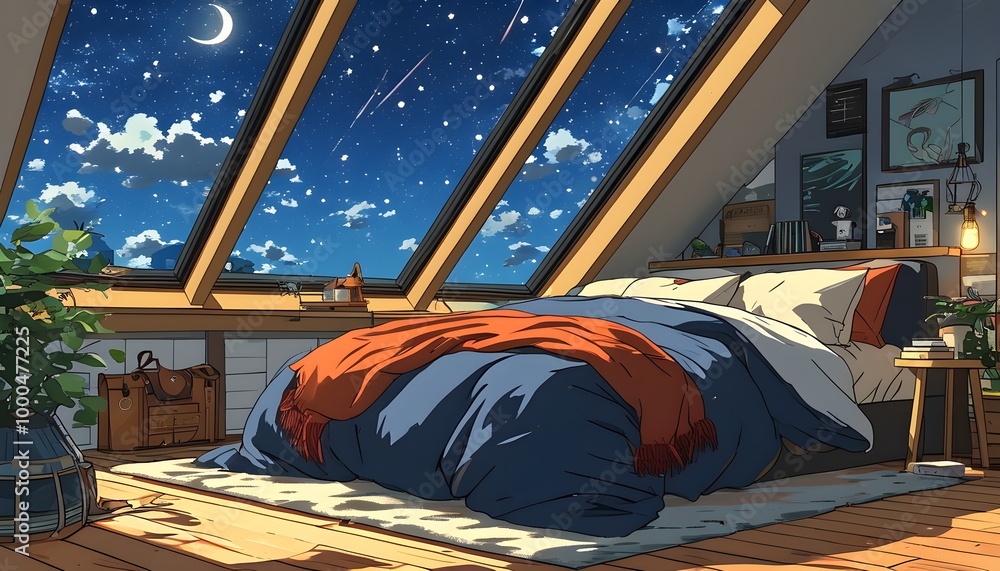 Cozy Attic Bedroom Embracing a Starry Night Sky in Lofi Anime Style ...