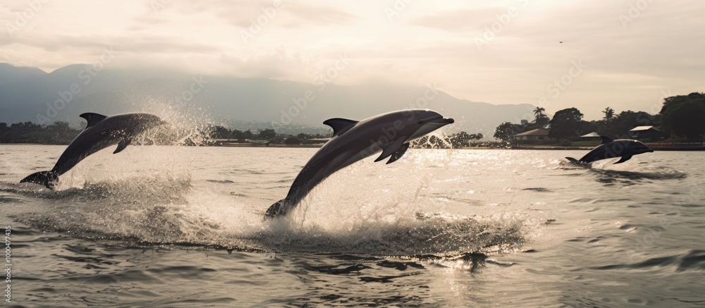 Fototapeta premium Dolphins Leaping Through the Water at Sunset