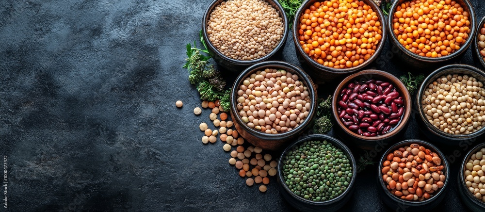 Variety of legumes in bowls on a dark surface, showcasing an assortment of colors and textures. Variety of legumes in bowls on a dark surface, showcasing an assortment of colors and textures.