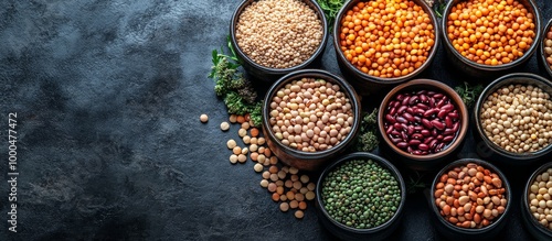 Variety of legumes in bowls on a dark surface, showcasing an assortment of colors and textures.