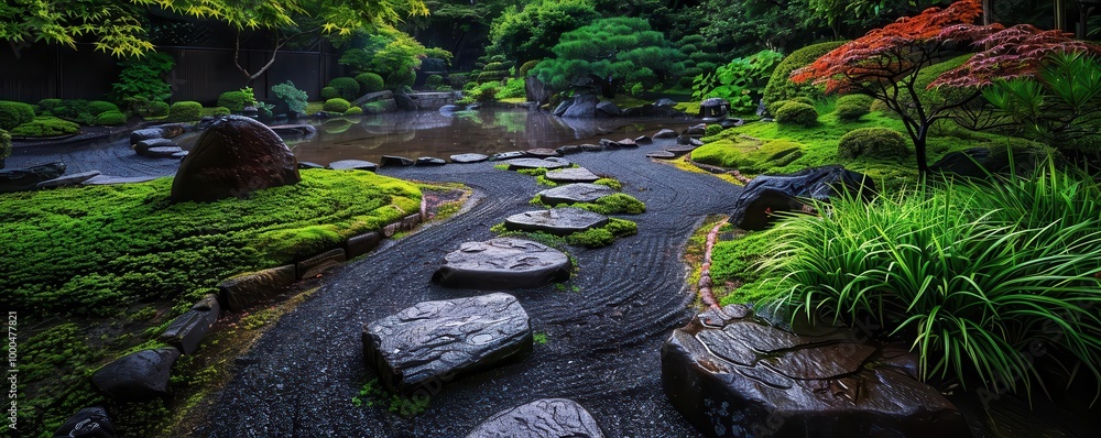 Japanese garden with serene landscaping, peaceful and cultural, Botanical, Soft greens, Photograph, Tranquil beauty Japanese garden with serene landscaping, peaceful and cultural, Botanical, Soft greens, Photograph, Tranquil beauty