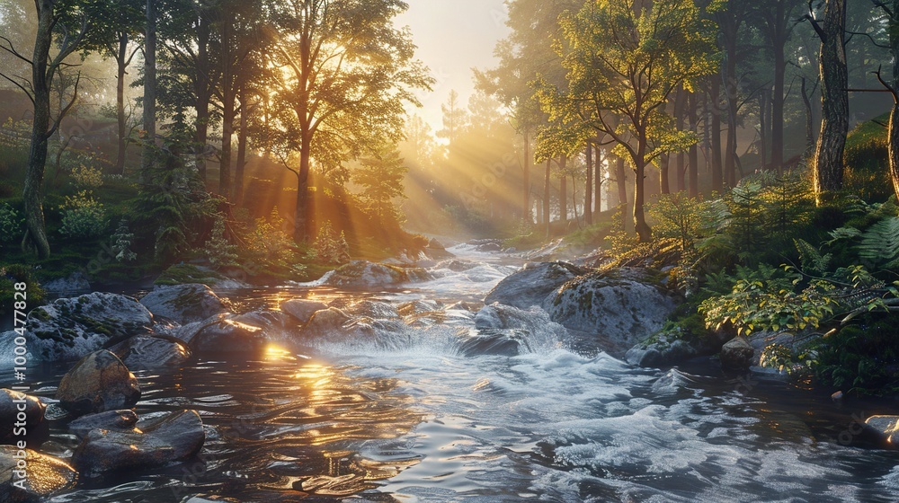 Sunbeams Through Forest: Tranquil River Scene Sunbeams Through Forest: Tranquil River Scene