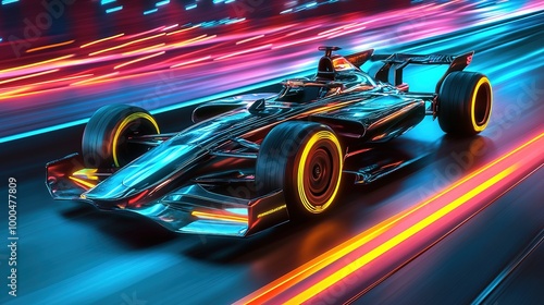 A futuristic Formula racing car speeding along a vibrant neon track, showcasing its sleek design and advanced technology. This electric vehicle is set against a dazzling backdrop of neon lights, 