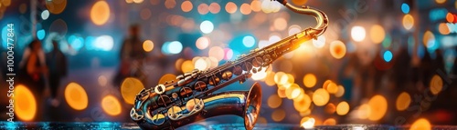 Jazz band performing on a city street, dynamic and vibrant, Urban, Warm tones, Photograph, Live music