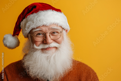 An elderly man with a white beard and glasses smiles warmly while wearing a Santa Claus hat against a bright yellow background.