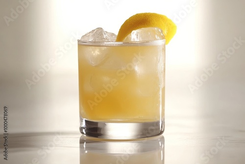 Wallpaper Mural Old fashioned glass filled with a lemon cocktail and ice cubes set against a soft gray backdrop creating a clean sophisticated drink presentation Torontodigital.ca