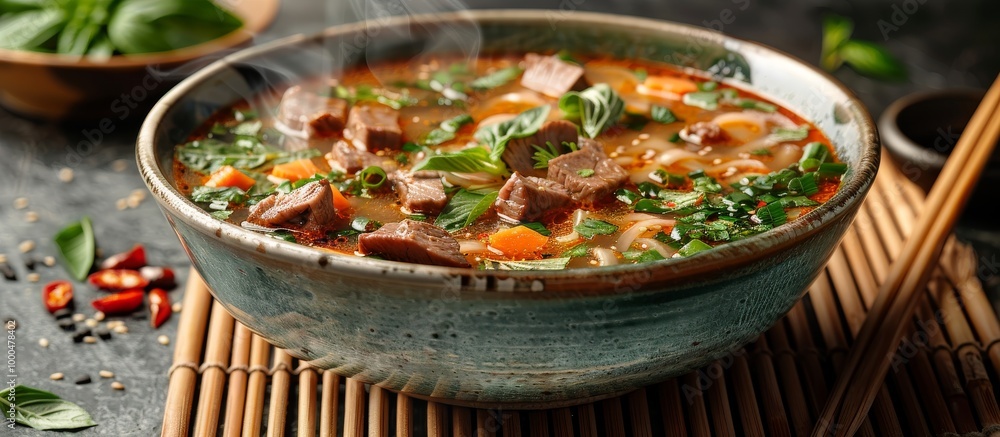 Steaming bowl of Vietnamese pho with beef, vegetables, and fresh herbs.