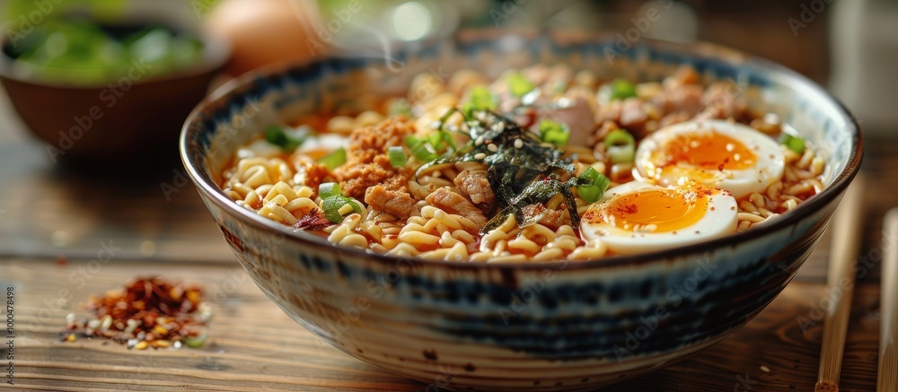Delicious bowl of hot ramen with eggs, meat, and garnished with green onions. Delicious bowl of hot ramen with eggs, meat, and garnished with green onions.