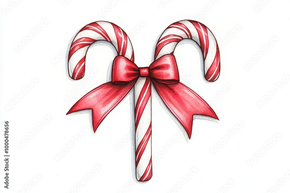 Two candy canes with a red bow, white isolate background. Two candy canes with a red bow, white isolate background.