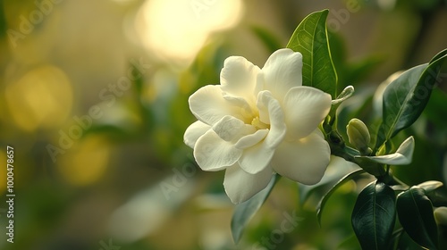 A stunning gardenia flower in full bloom, showcasing its creamy white petals that exude a delicate fragrance. The flower is set against a lush green background, highlighting its beauty and elegance. 