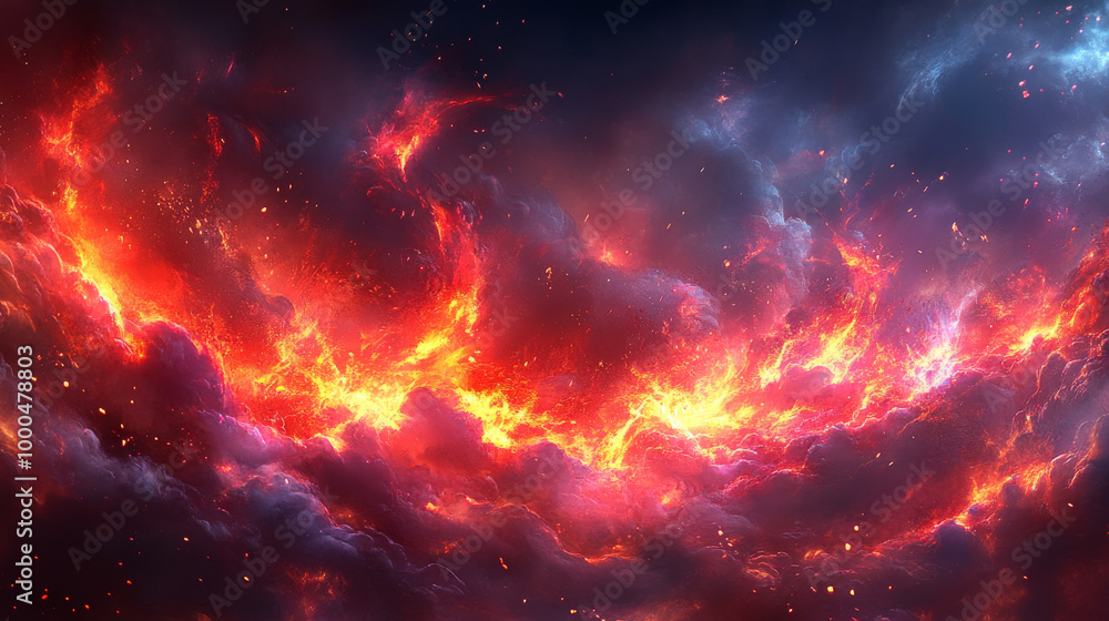 Fototapeta premium Fiery clouds ignite the night sky, a mesmerizing display of heat and light.